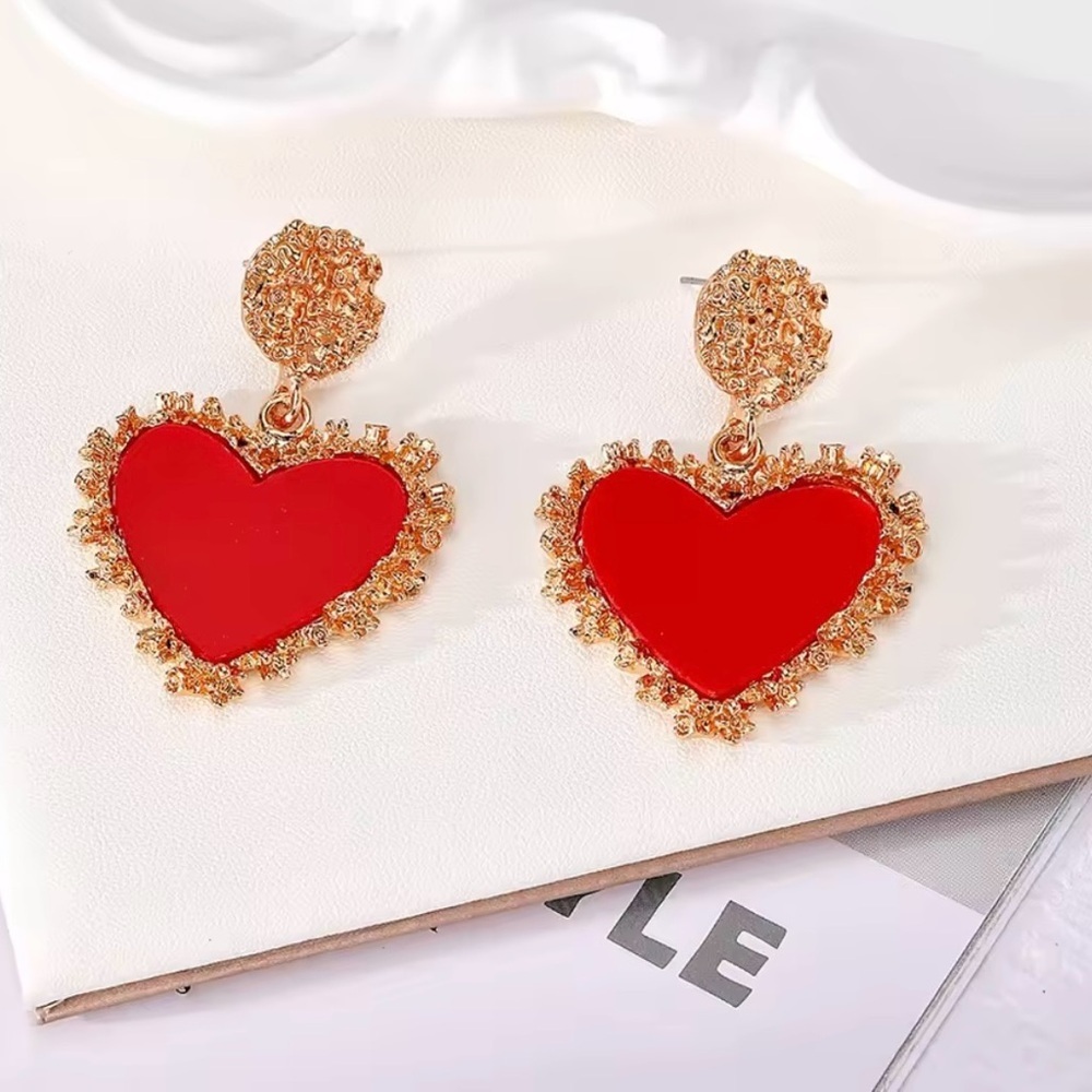 Glam Gold & Red Heart Earrings Romantic Drop - Picture 6 of 6